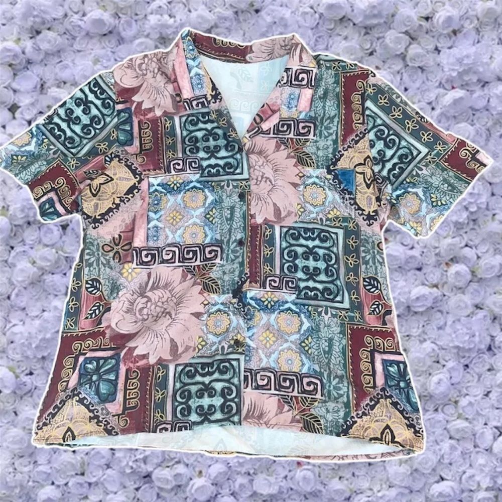 Vintage Funky 80s Shirt Abstract Short Sleeved Button Down Top Stranger Things